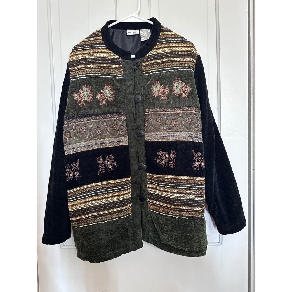 White Stag Womens Mixed Media Tapestry Floral Embroidered Button Front Jacket